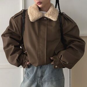 Oversized BROWN Leather Bomber Jacket Removable shearling Collar Black Brown